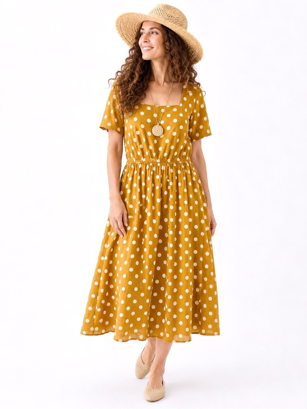 English Factory Mustard Yellow Polka Dot Square Neck Midi Dress retro boho L